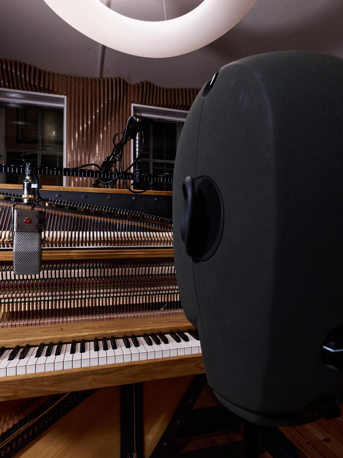 Neumann KU100 binaural microphone at the far room position in the Tearworks recording room